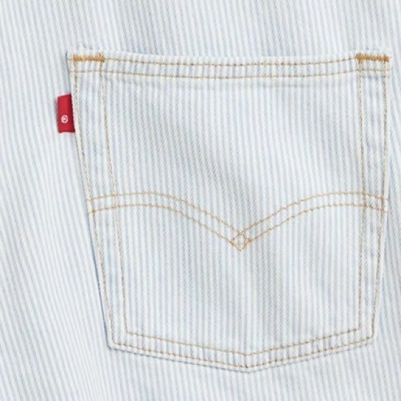 LEVI’S Vintage Style Denim Shortall NWT Stripey Blue Overall Shorts - Picture 9 of 9